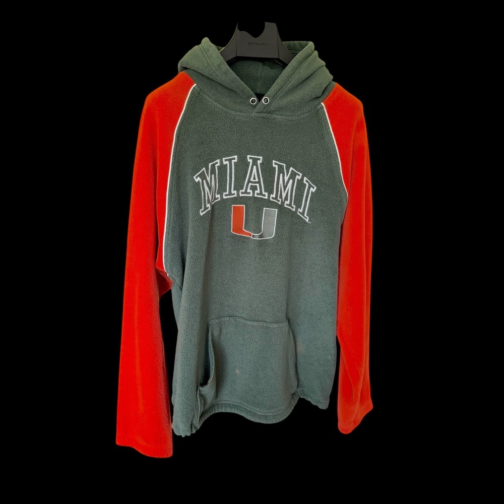 90's Starter Miami Hurricanes‎ Fleece Hoodie Green XL Raglan Pullover Distressed